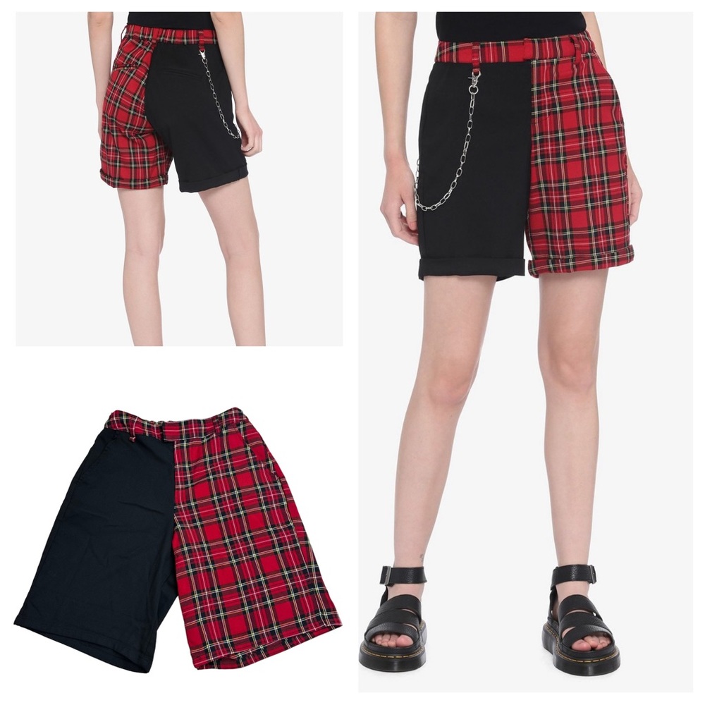 HOT TOPIC Black & Red Plaid Split Bermuda Shorts Sz Small High Rise Goth Lolita